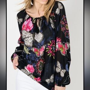 Desigual Candace Floral Butterfly Gauze Peasant Top Blouse XS